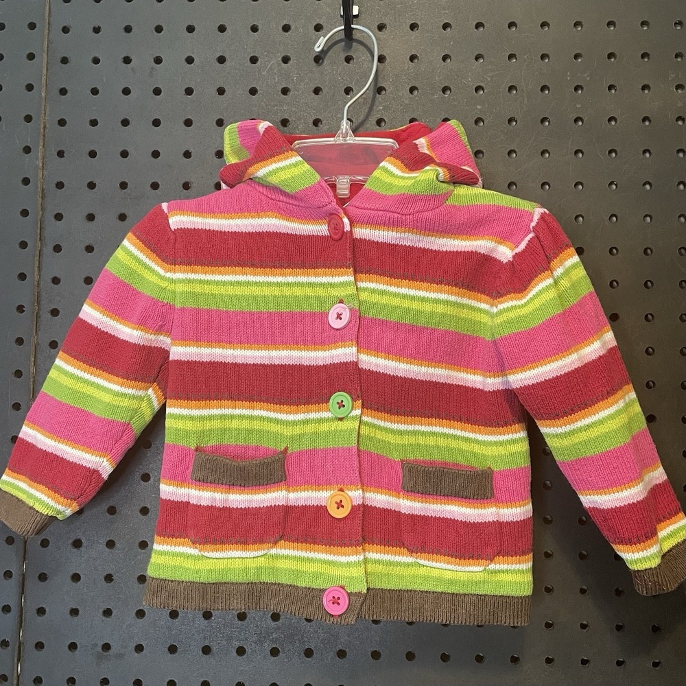 Gymboree Child's Sweater 12-18 M Striped Pink Green Red Lined Jacket Hood Button